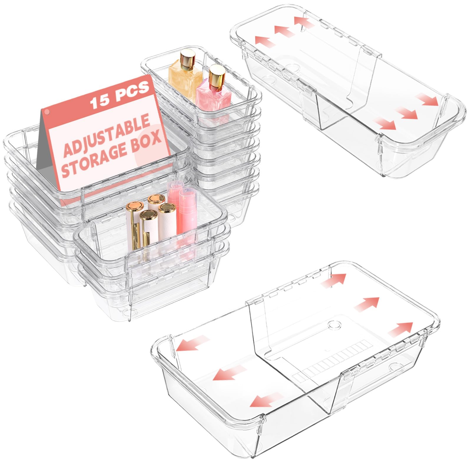 15 Pcs Expandable Drawer Organizer, All Adjustable Storage Box, Clear