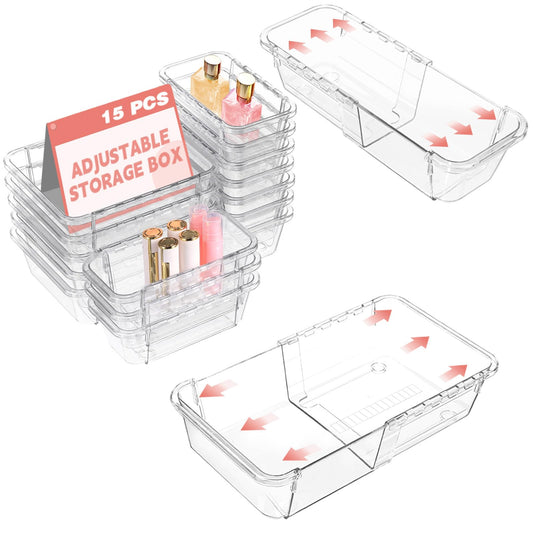 15 Pcs Expandable Drawer Organizer, All Adjustable Storage Box, Clear
