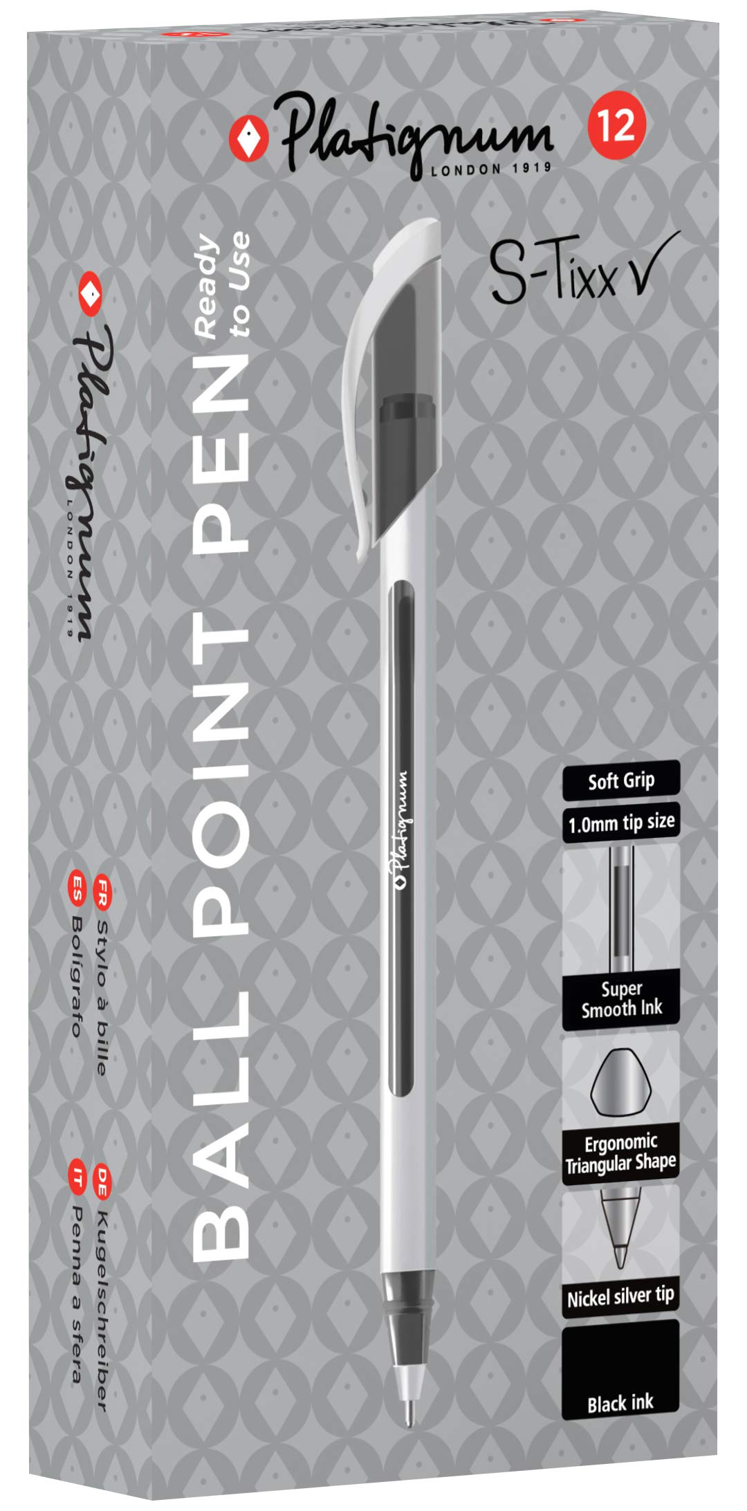 Platignum S-Tixx Black Ballpoint Pen [Pack of 12] Soft Grip Barrel with LV Ink for Smudge-Free and