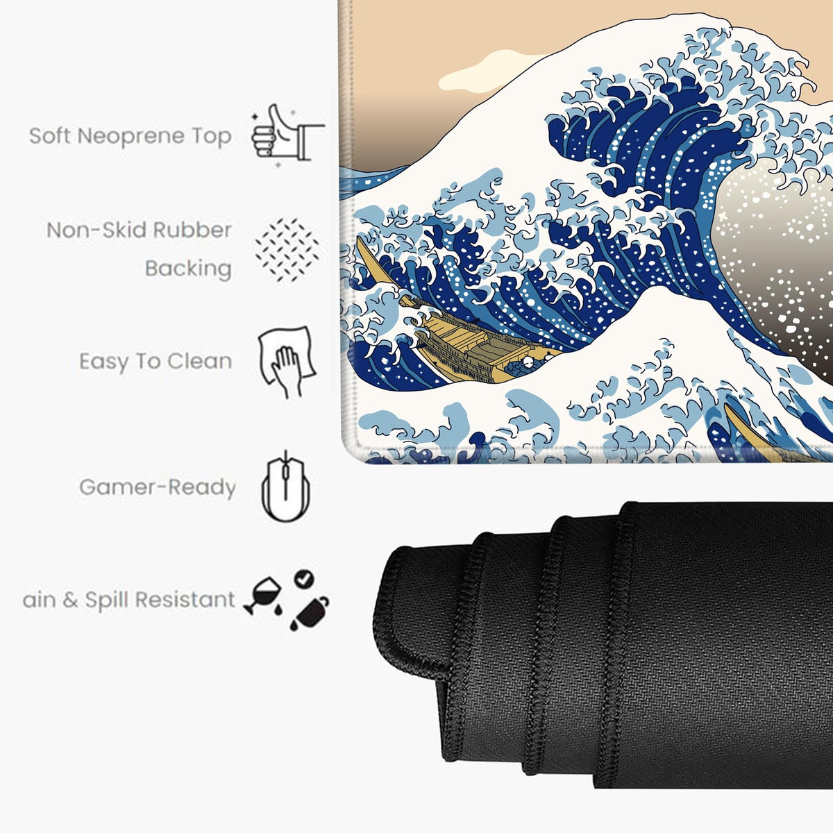 Gaming Mouse Pad Large Mousepad Japanese Sea Wave Desk Mat XXL Big Desk Pad 31.5x15.75 Rubber Base