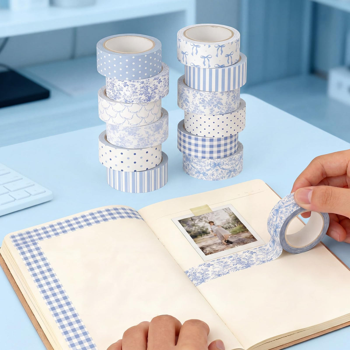 YooNotee 12 Rolls Floral Washi Tape Set,Blue and White,Floral