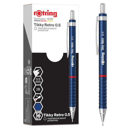 rOtring Tikky Retro Mechanical Pencils | 2B 0.5 mm | Blue Barrels | with Comfort Rippled Grip | 12
