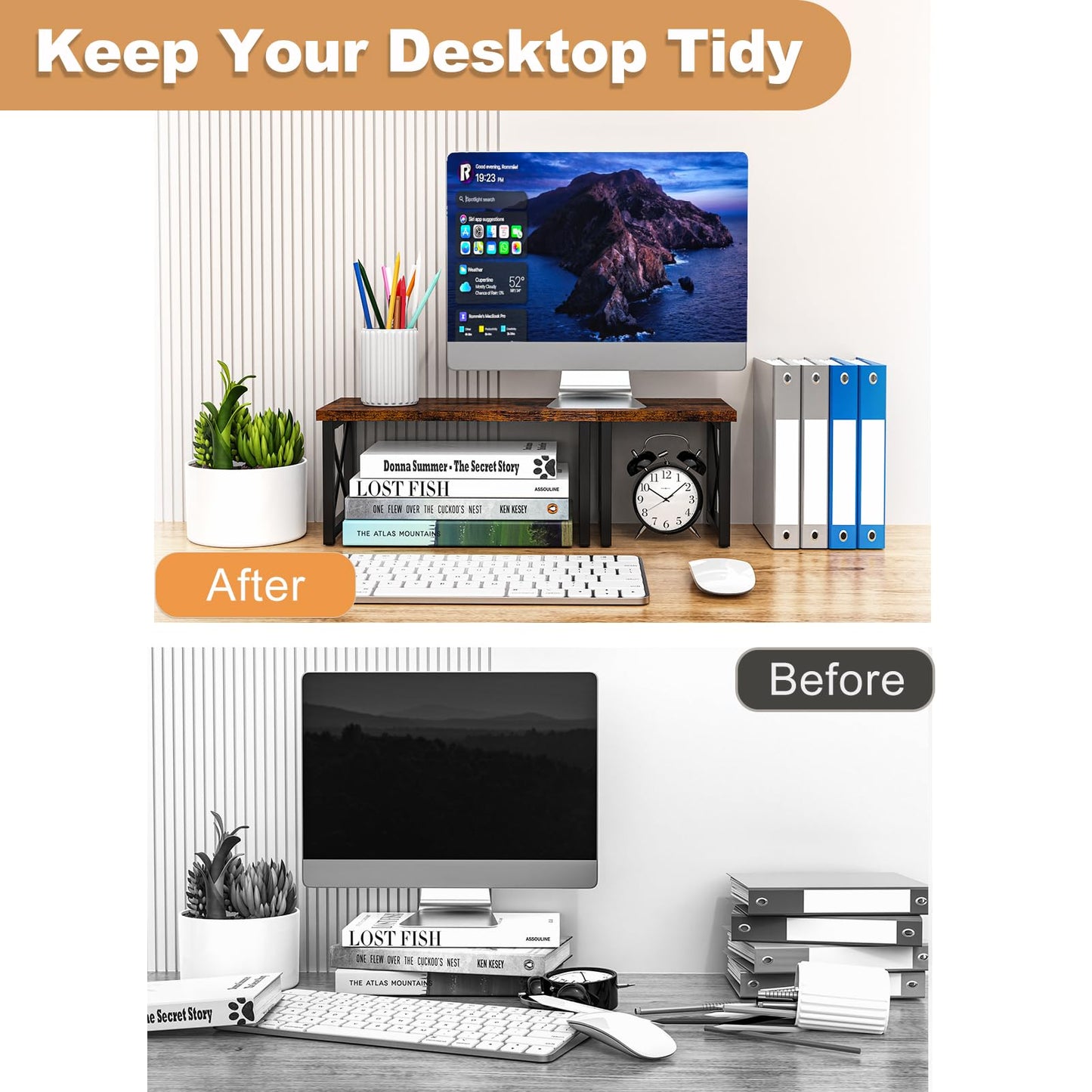 HavenlyYouth Desk Shelf, 2 Tier Wood Desktop Bookshelf, Adjustable Freestanding Stackable Desk