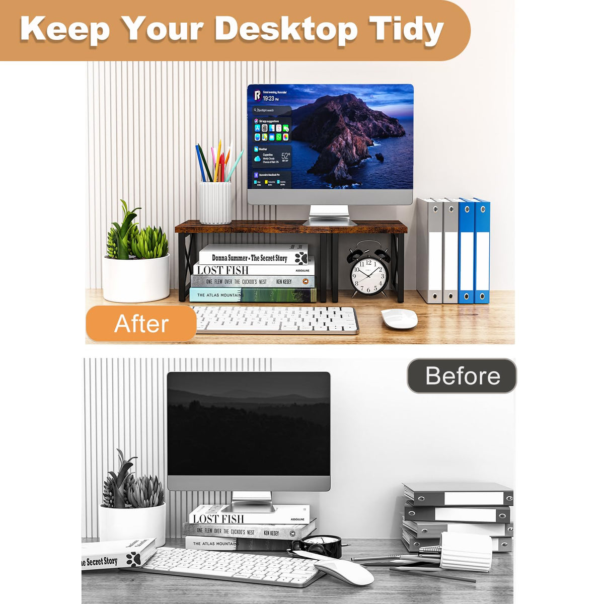 HavenlyYouth Desk Shelf, 2 Tier Wood Desktop Bookshelf, Adjustable Freestanding Stackable Desk