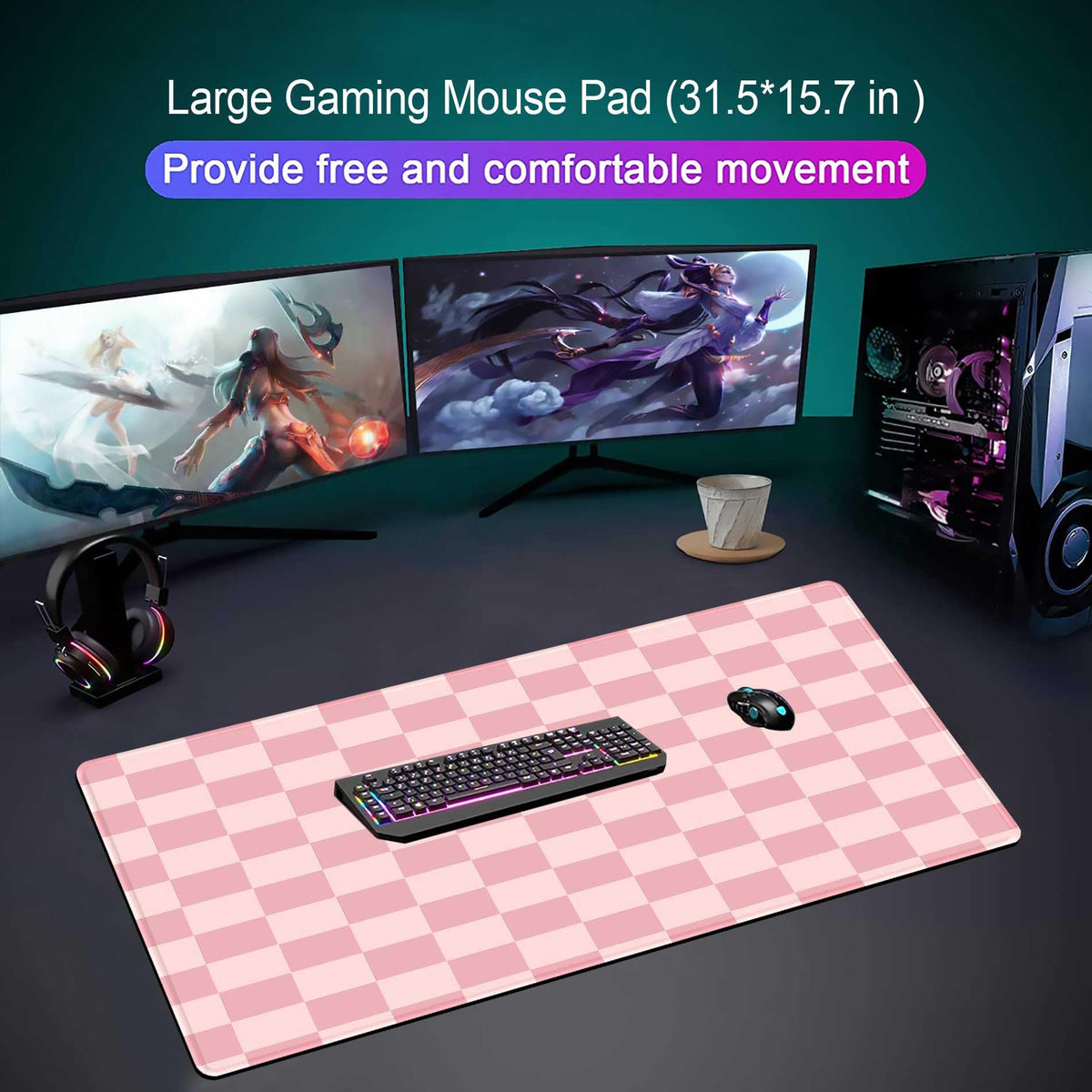 Large Pink Mouse Pads for Desk, XXL Checkered Pattern Mouse Pad, Square Premium Texture Computer