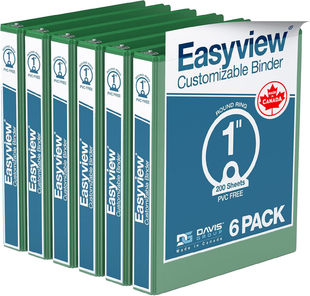 Easyview 3-Ring Binder, Clear-View Cover, 1" Round Rings, Green, 6 Pack