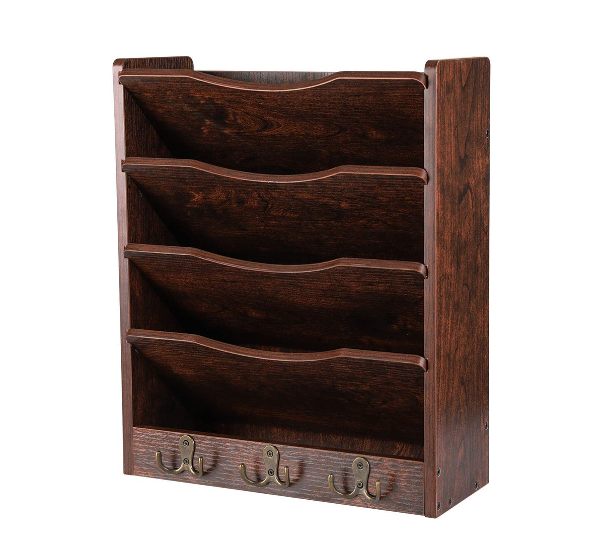 PAG-Mass 5-Tier Wall File Holder Hanging Mail Organizer Wood Magazine Literature Rack with 6 Hooks