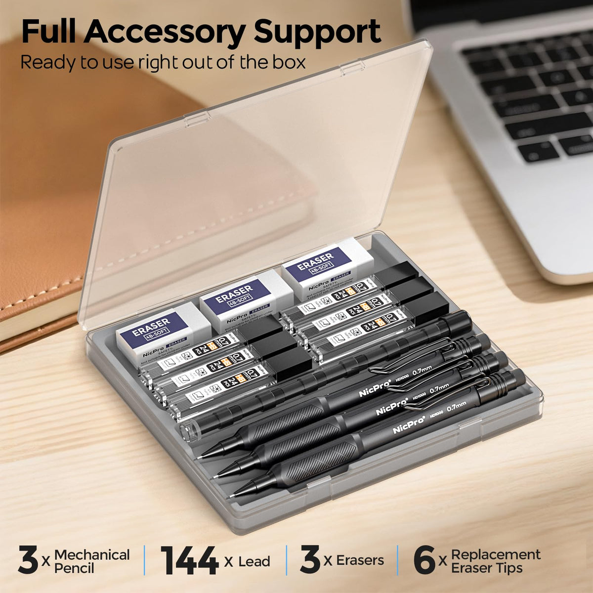 Nicpro 0.7 mm Mechanical Pencil Set with Case, 3PCS Mechanical Pencils 0.7