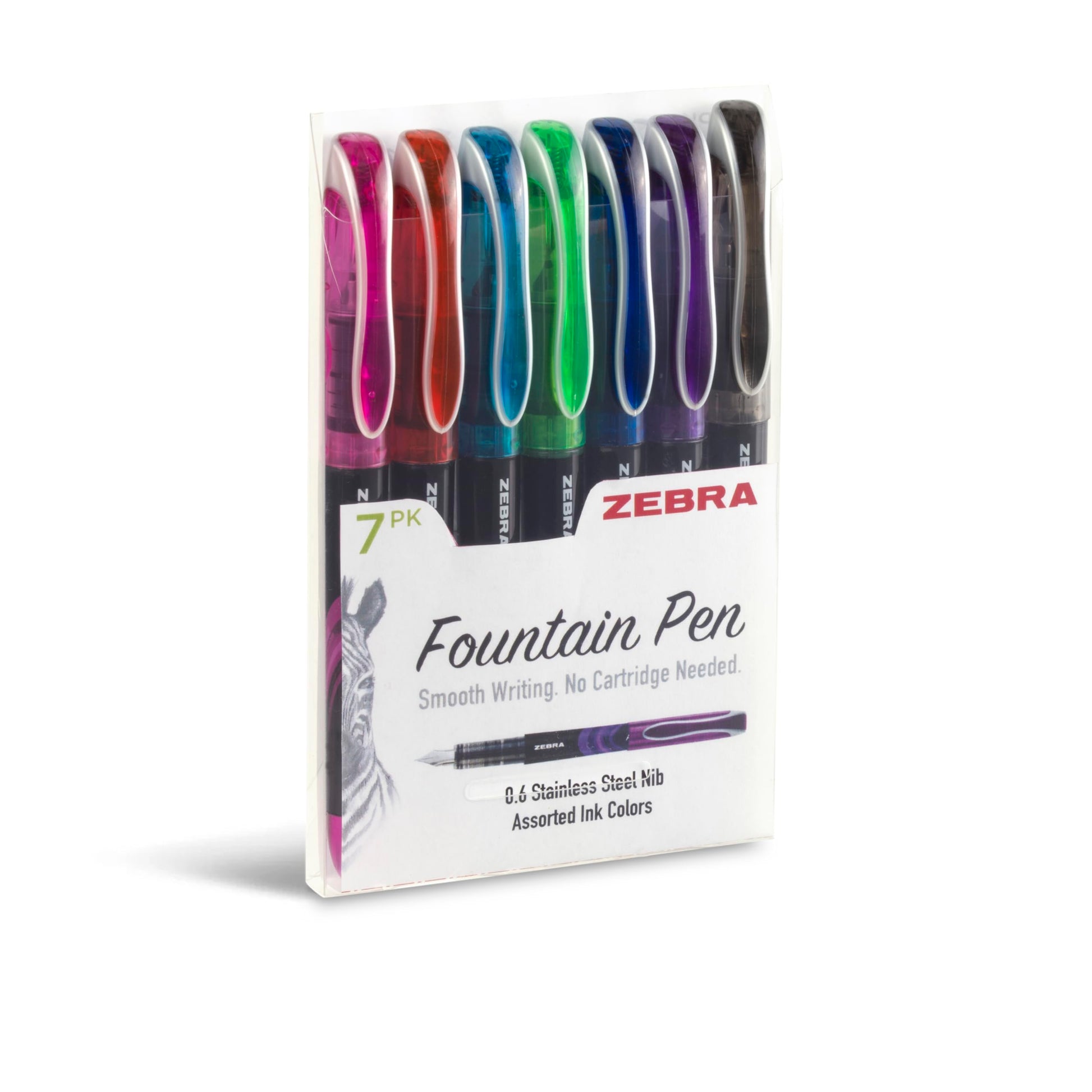 Zebra Pen Fountain Pen, Free-Flowing Liquid Assorted Ink, 0.6mm, 7-Pack