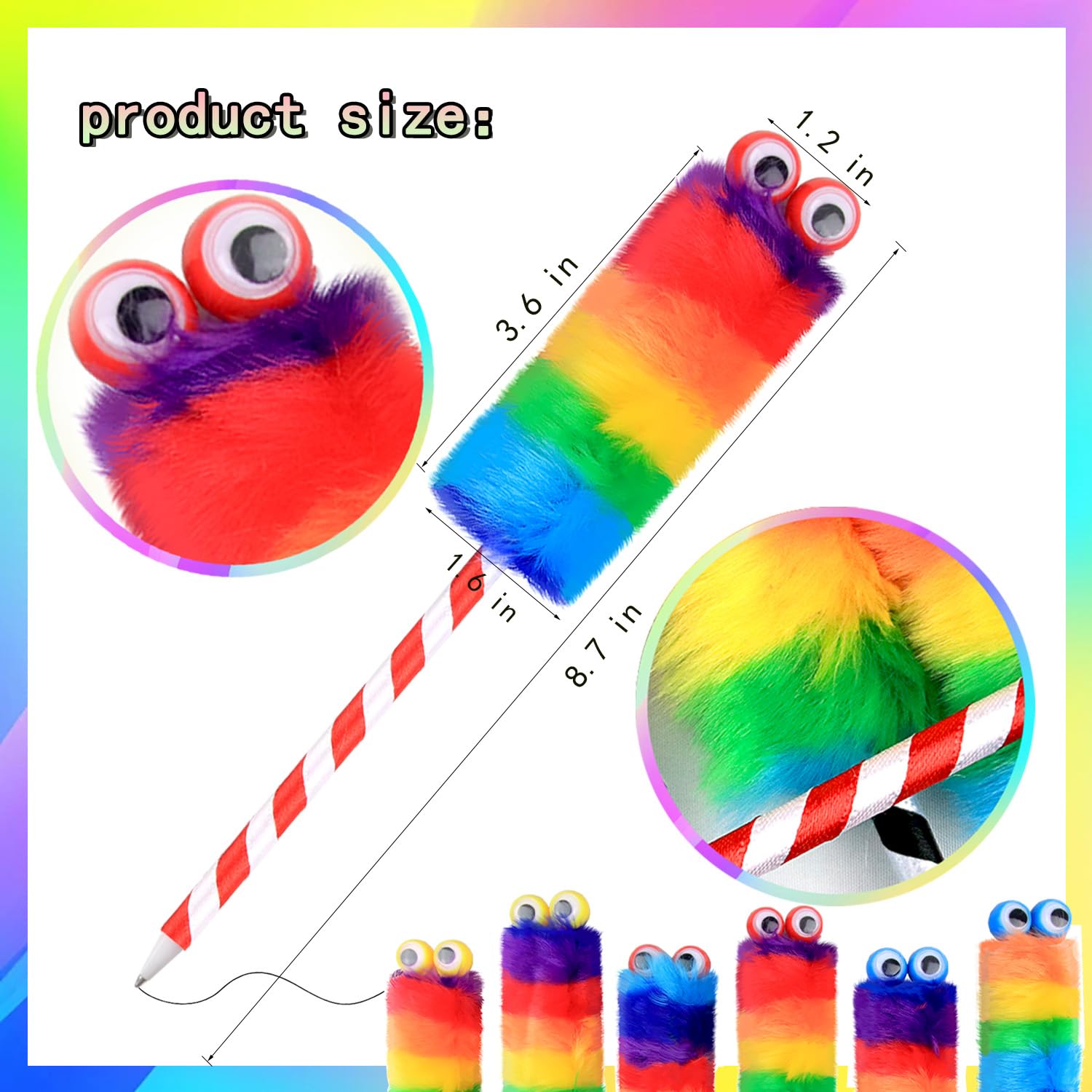 Abhay 6 Pack Big Eyes Fluffy Colorful Rainbow pom pom Pens for Girls - Party Supplies