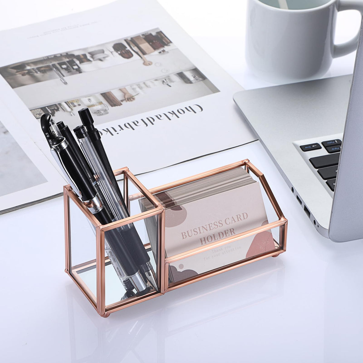 Hipiwe Glass Business Card Organizer with Pen Holder for Women, Rose Gold