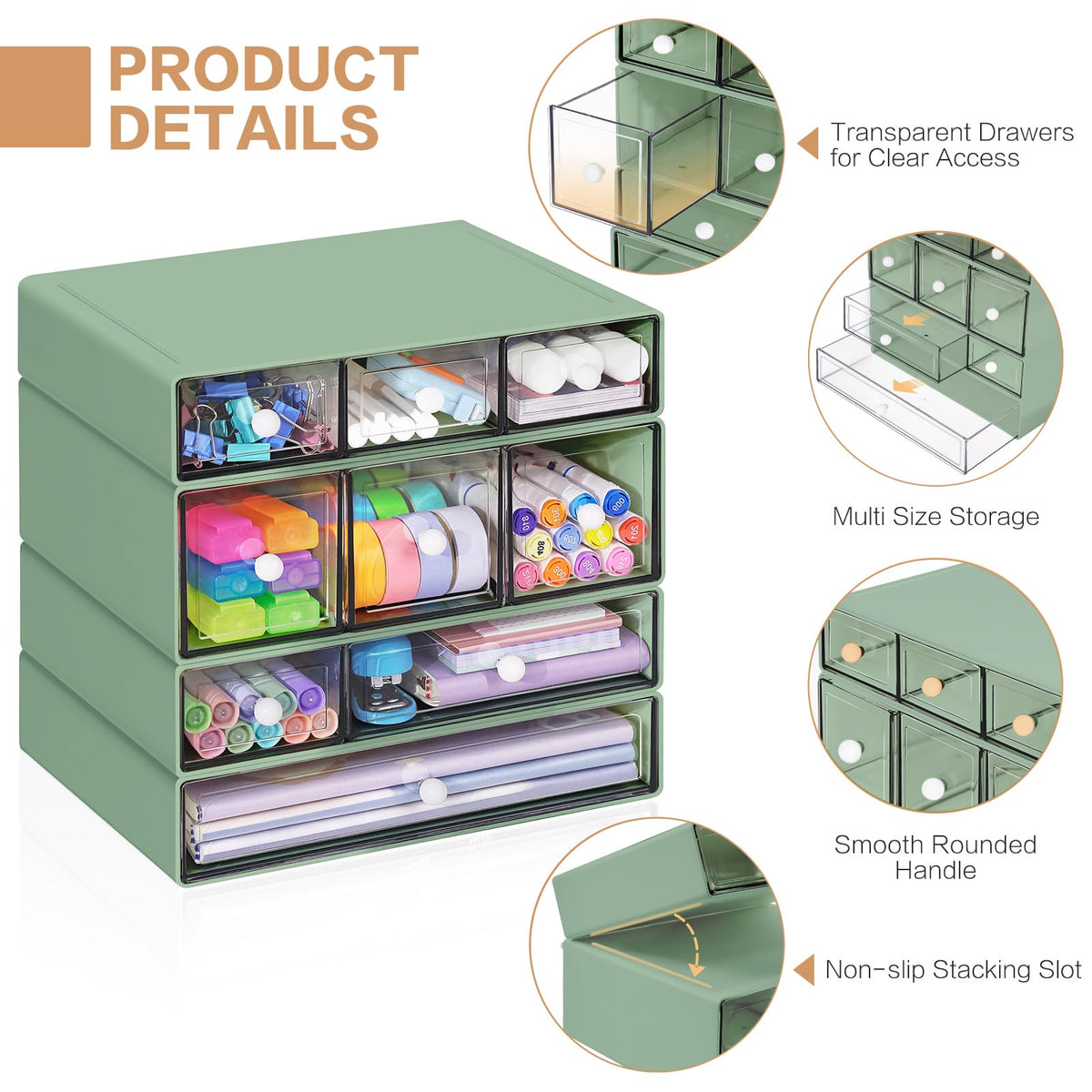 FODIENS Desk Storage Organizer with 9 Drawers, 4 Tiers Stackable Desktop Craft Storage Drawers