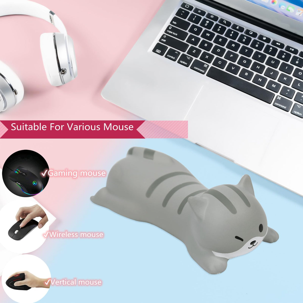 Small Wrist Rest Mouse Pad, Mini Cute Ergonomic Cartoon Mousepad Memory Foam Design Animal Shape