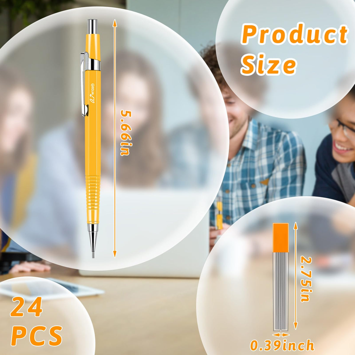Gueevin 24 Set Yellow Mechanical Pencil 0.9mm with Drafting Pencil Refill