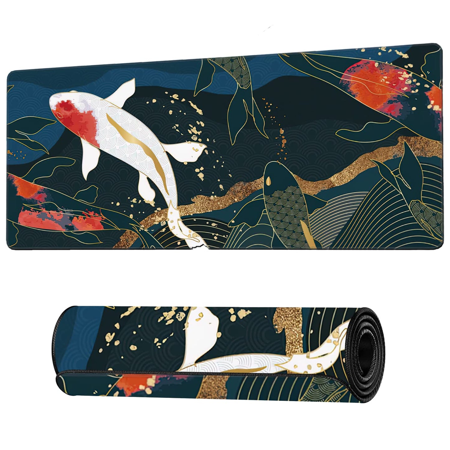 Watercolor Japanese Koi Fish Extended Gaming Mouse Pad Large Desk Mat with Non-Slip Rubber Base and