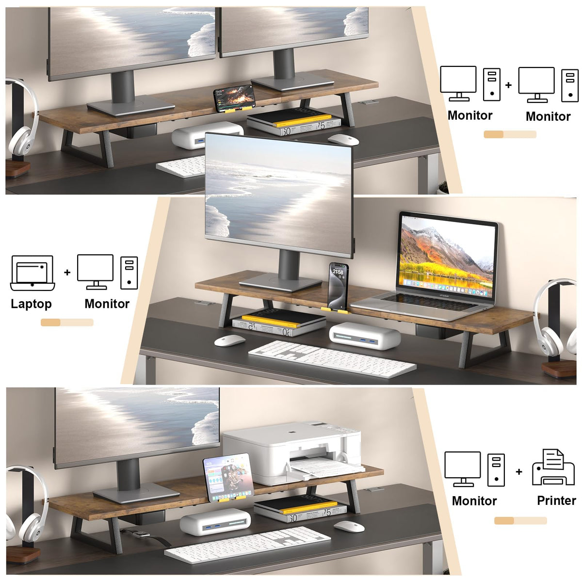 TEAMIX 39.4 inch Dual Monitor Stand Riser with Drawer & Phone Holder, Brown