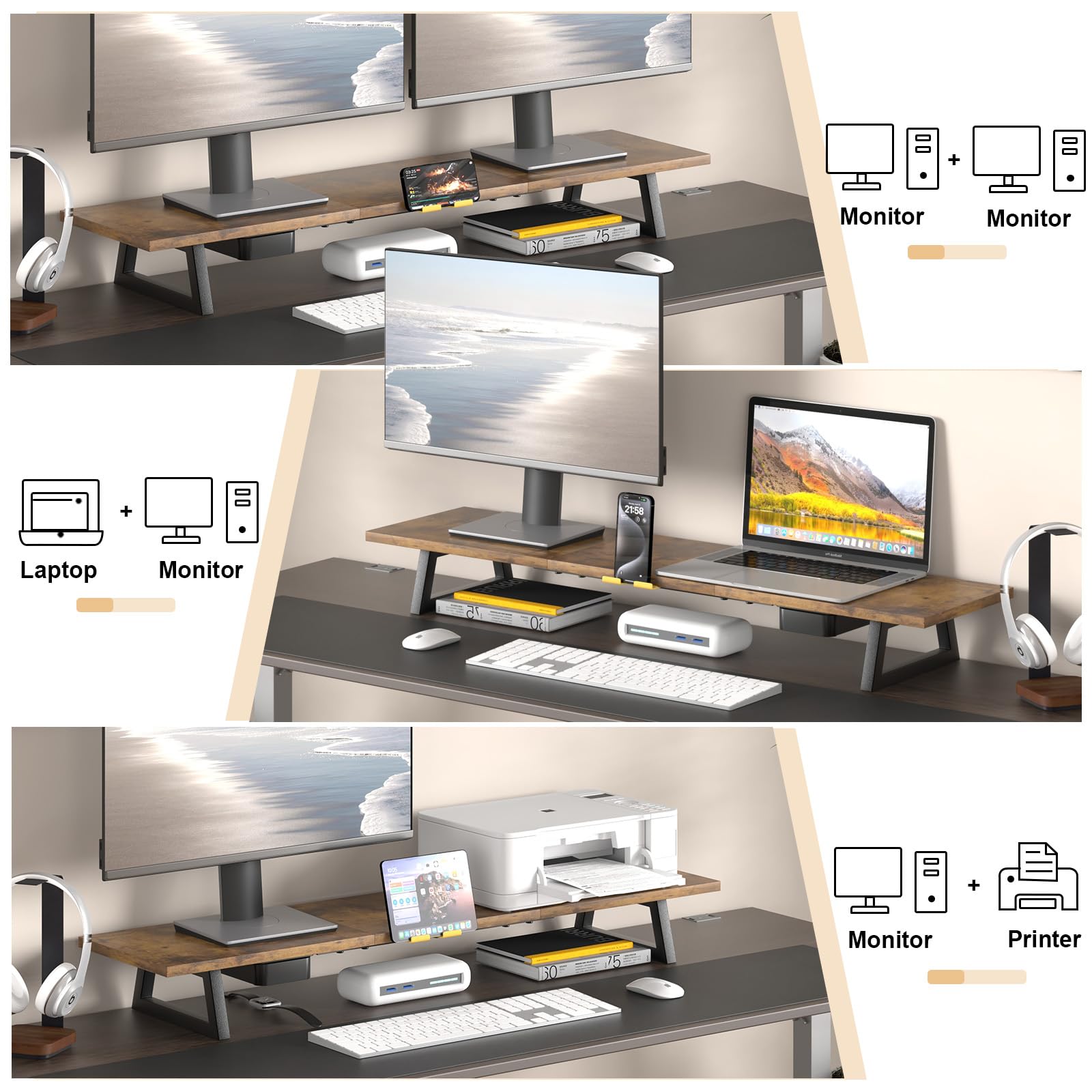TEAMIX 39.4 inch Dual Monitor Stand Riser with Drawer & Phone Holder, Brown