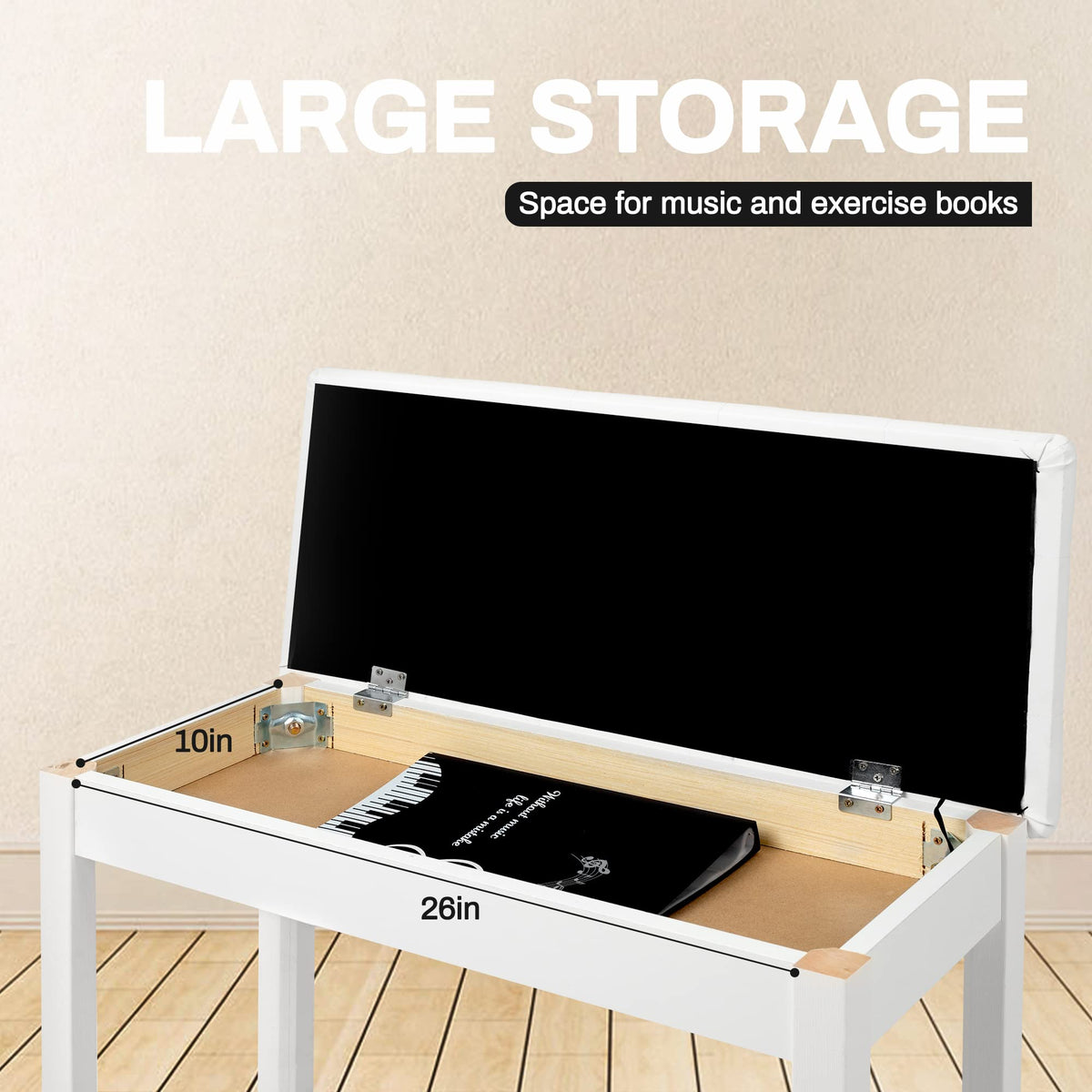 Wooden Duet Piano Bench with Padded Cushion and Storage Compartment, White