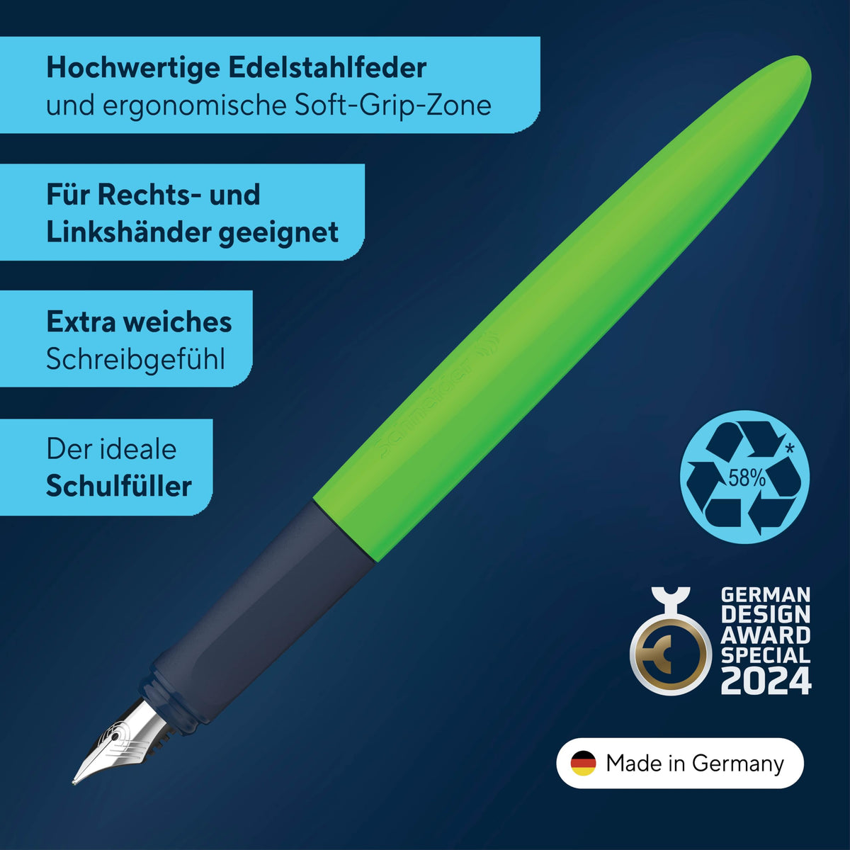 Schneider 162114 Wavy Fountain Pen for Right and Left-Handed Users with Beginner Nib Green