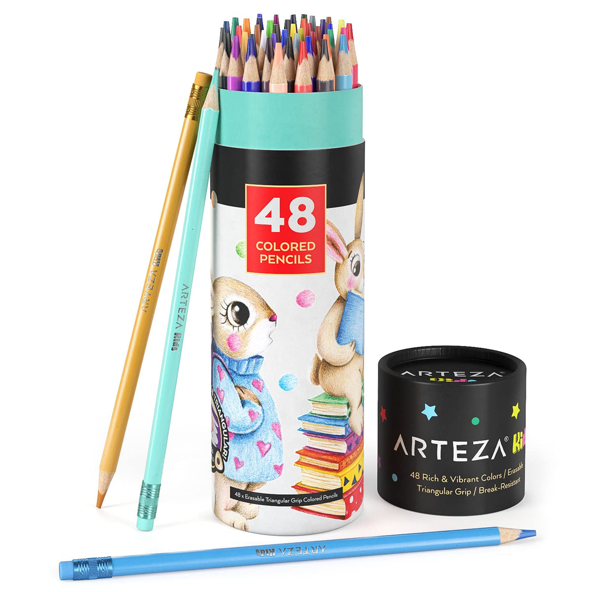Arteza Kids Erasable Colored Pencils, Set of 48, Triangular Pencil Crayons, Pre-Sharpened, Art