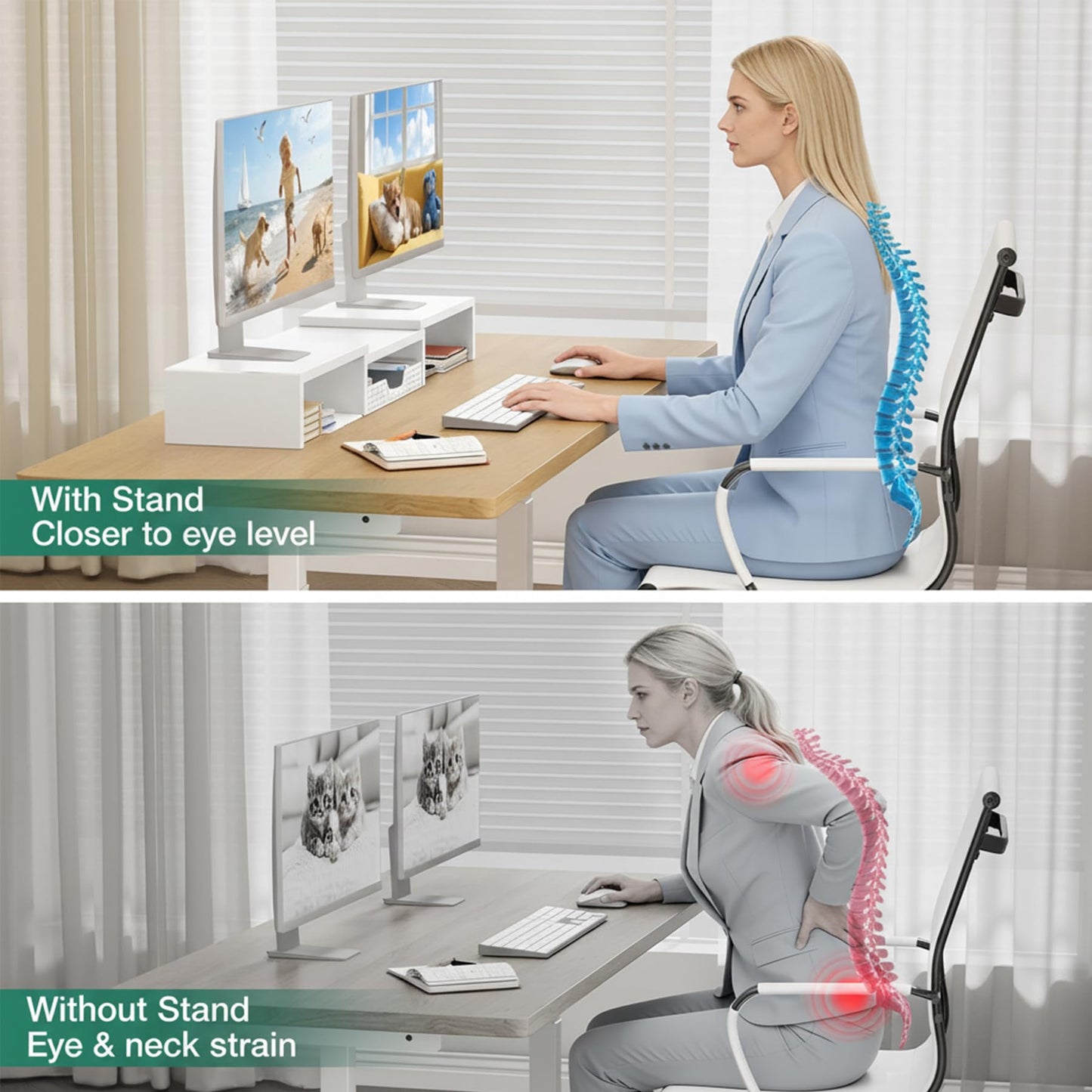 OPNICE Dual Computer Monitor Stand Riser, Desk Organizer with Drawer, Office Desk Accessories &