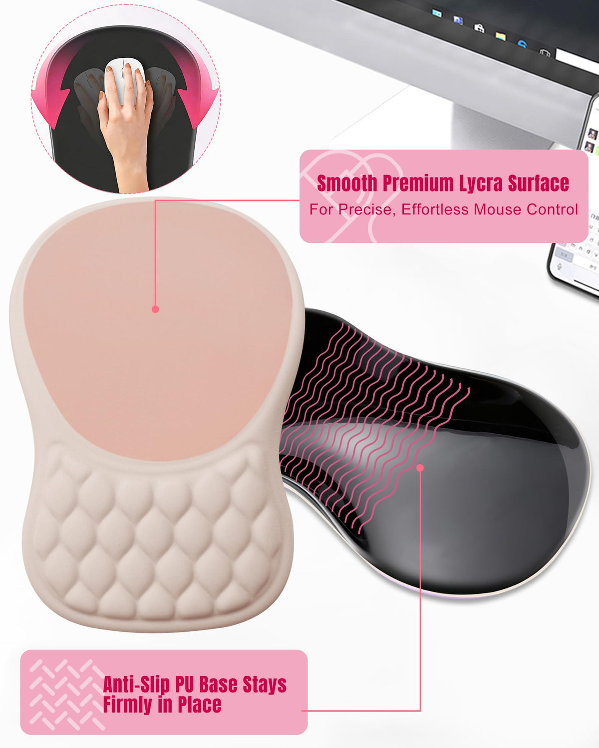 PVIPCZ Ergonomic Mouse Pad with Sloped Memory Foam Wrist Rest, Almond Pink