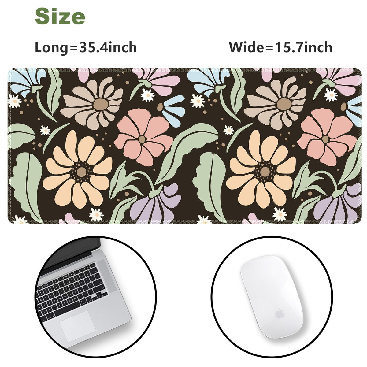 ARTSO Black Large Desk Mat,XXL Gaming Mouse Pad,Non Slip Desk Pad with Rubber Base,Floral Extended