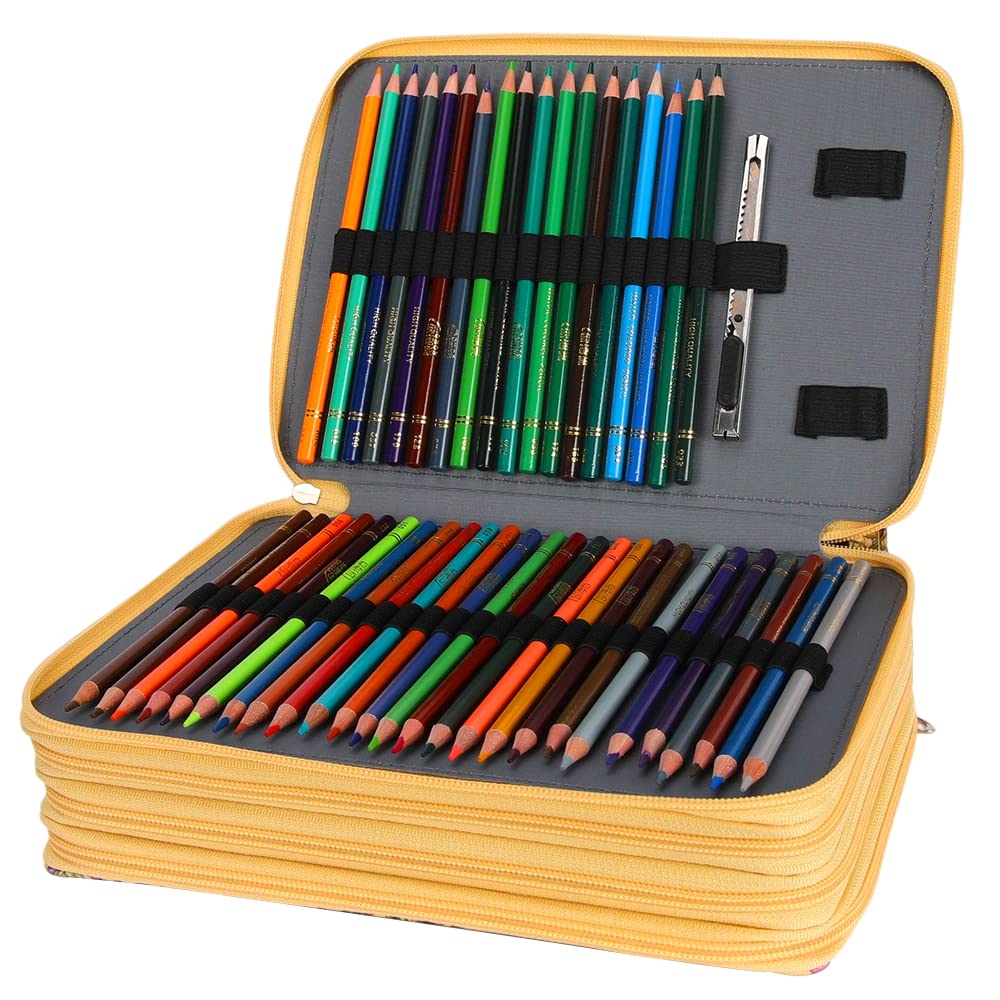 Vomgomfom 200 Slots Pencil Case 4-Layer PU Leather, Handle, Yellow Flower