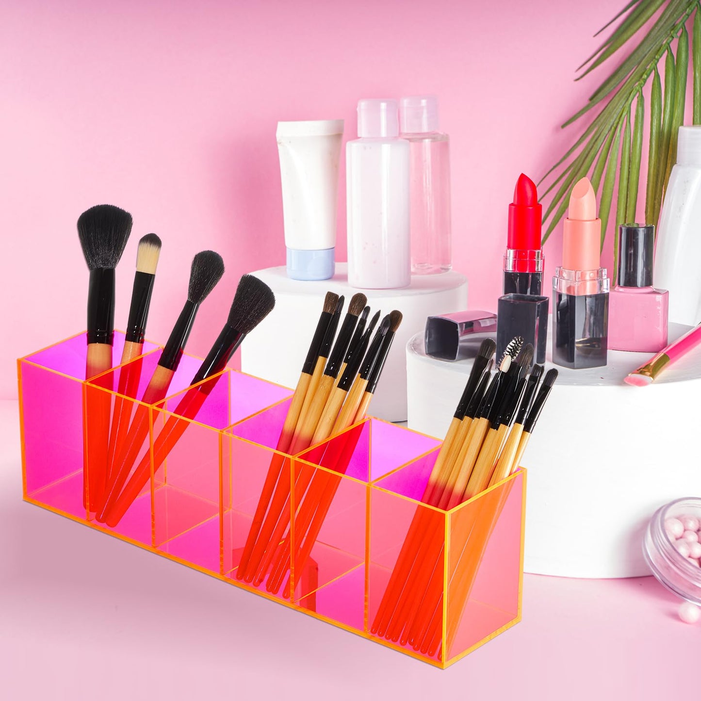 Jetec 6 Compartments Acrylic Pen Holder, Pencil Makeup Brush Holder, Pink