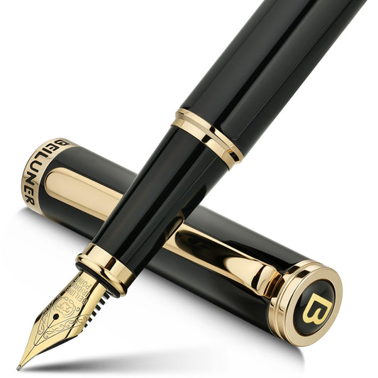 BEILUNER Black Fountain Pen,Stunning Luxury Pens with 24K Gold Accents, Gorgeous 24K Gilded