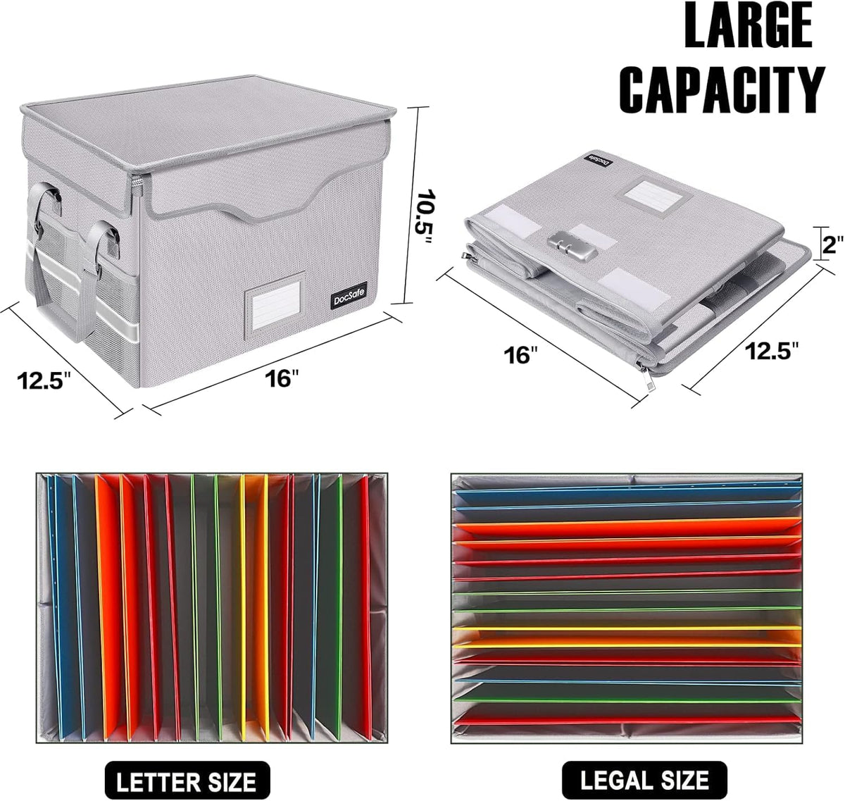 DocSafe Fireproof Document Box with Lock,File Storage Organizer with Pockets,Collapsible Portable