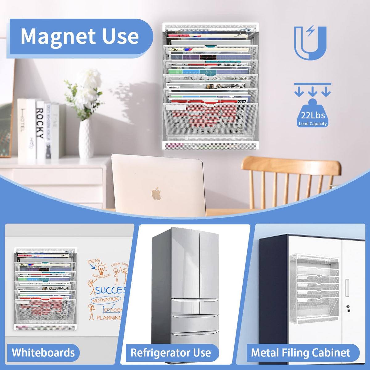LQPAFZ 7 Tier Magnetic File Holder, No Drilling Wall File Organizer for File Cabinets Whiteboard