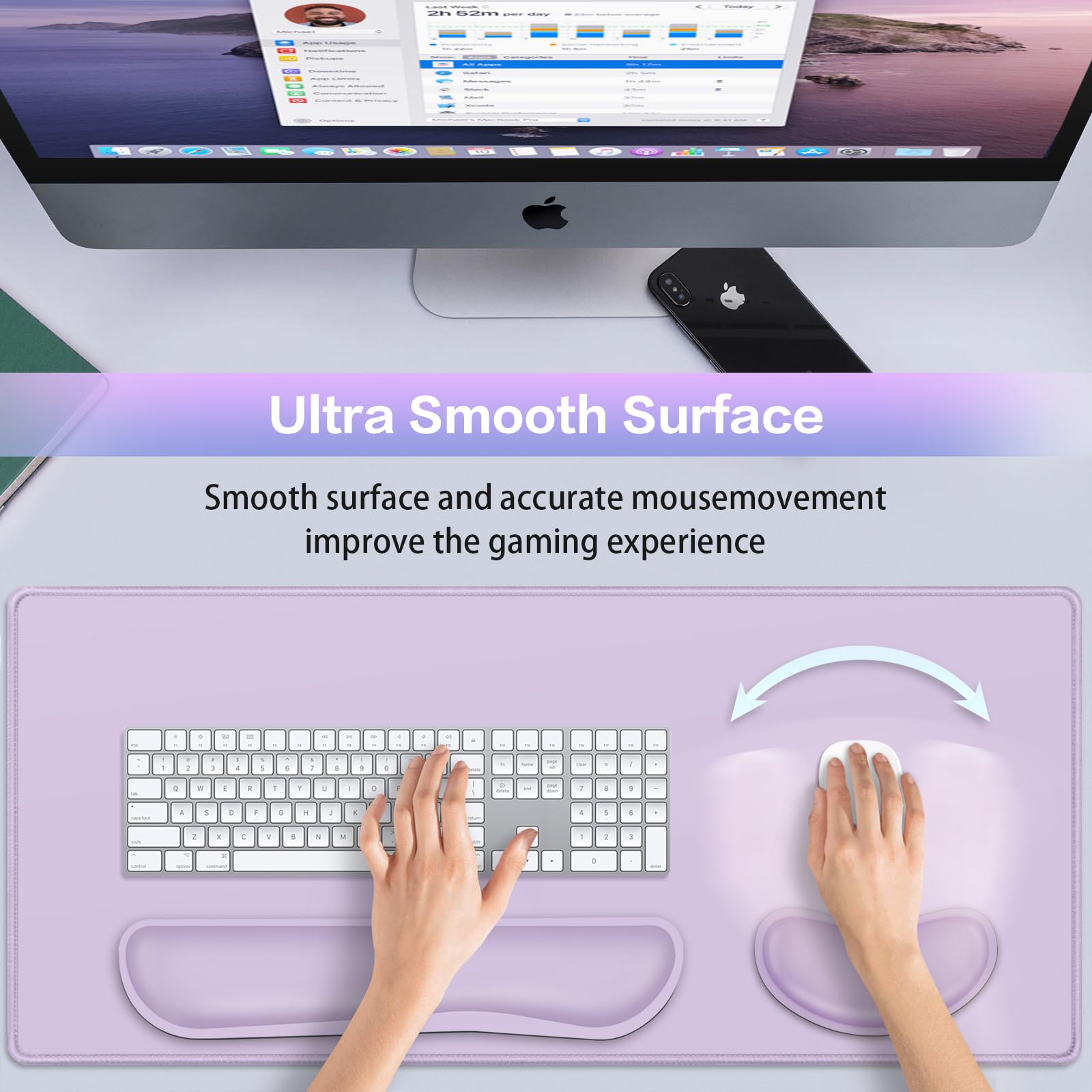 Desk Mat Purple, Large Gaming Mouse Pad with Wrist Rest, 4in1 XXL