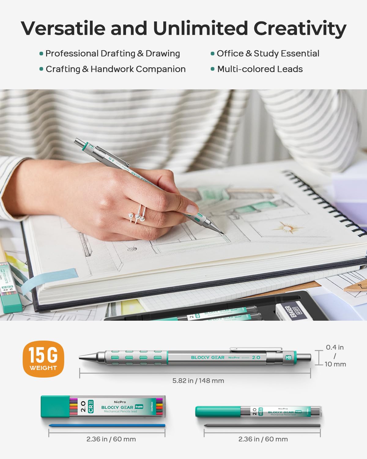 Nicpro 3 Pack Blocky Gear 2.0 mm Metal Mechanical Pencils Set with Case