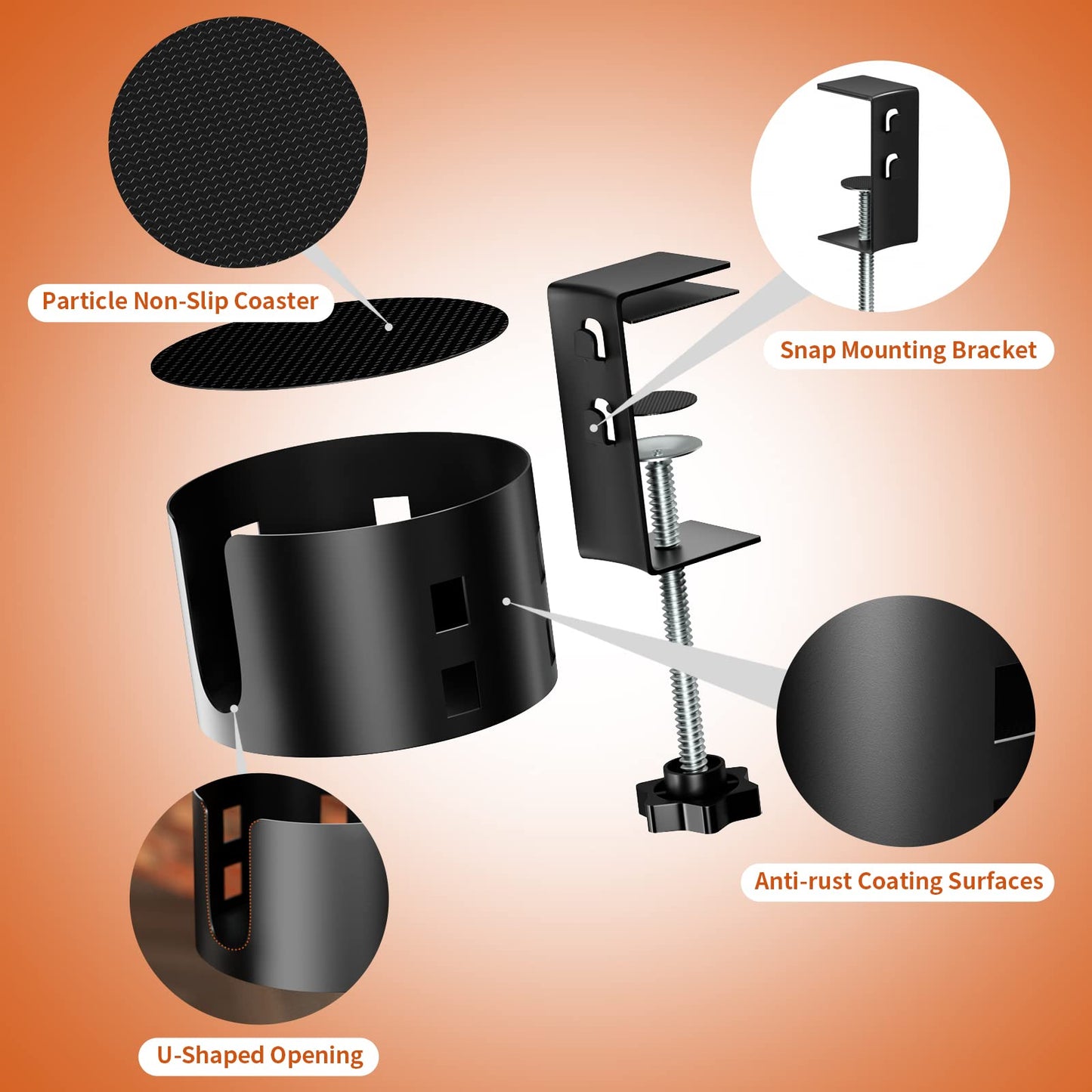 OOKUU Anti-Spill Large Desk Cup Holder Clamp, Metal Table Cup Holder(Black)