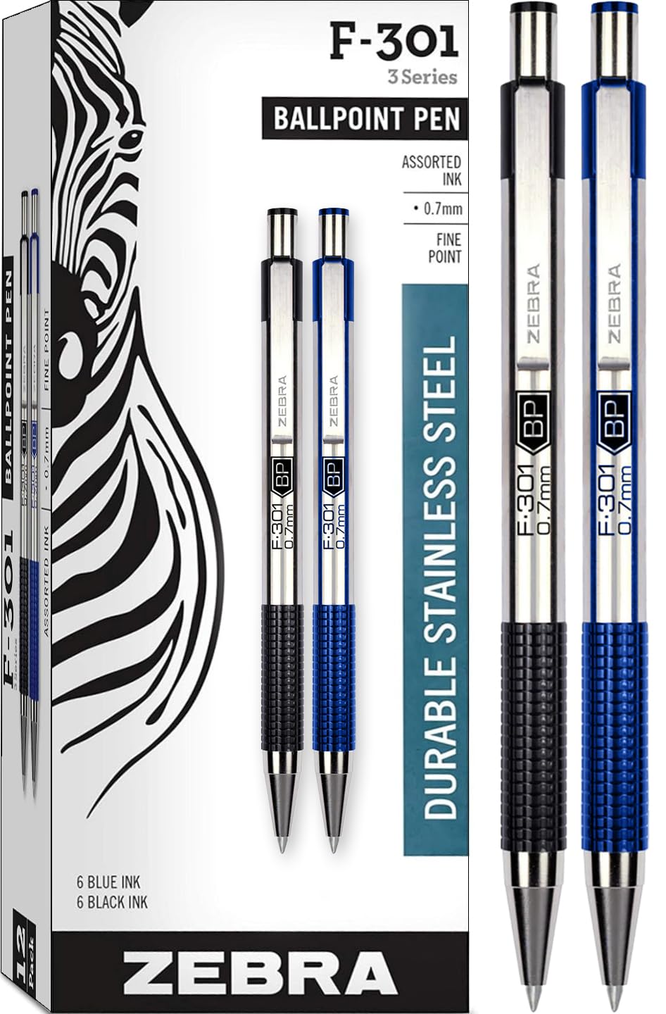 Zebra Pen F-301 Ballpoint Pen, 0.7mm Fine Point, Black, 12 Pack