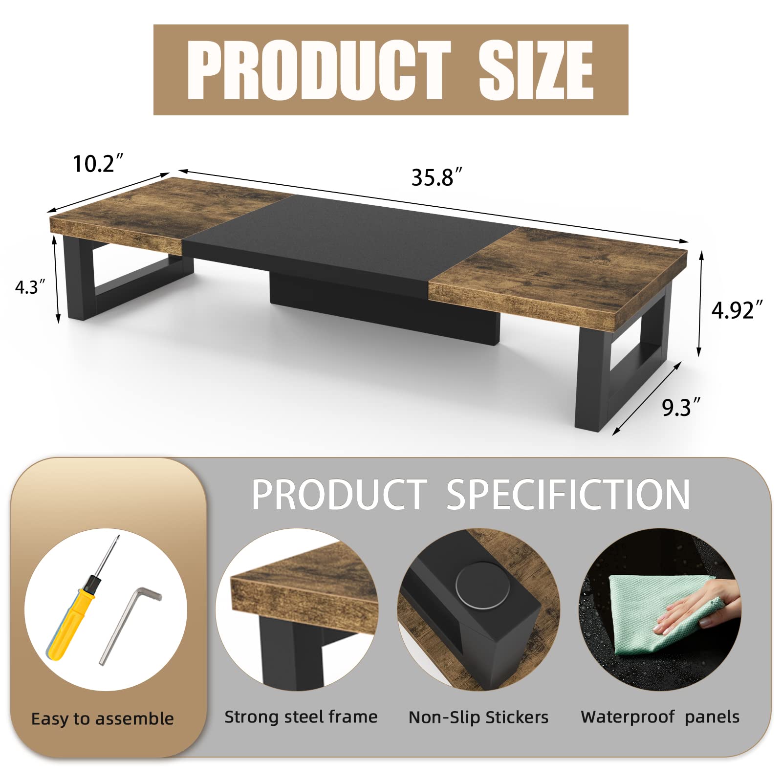 WESTREE Dual Monitor Stand Riser, Wood and Steel Multi-Purpose Desktop Storage Stand for 2 Monitors