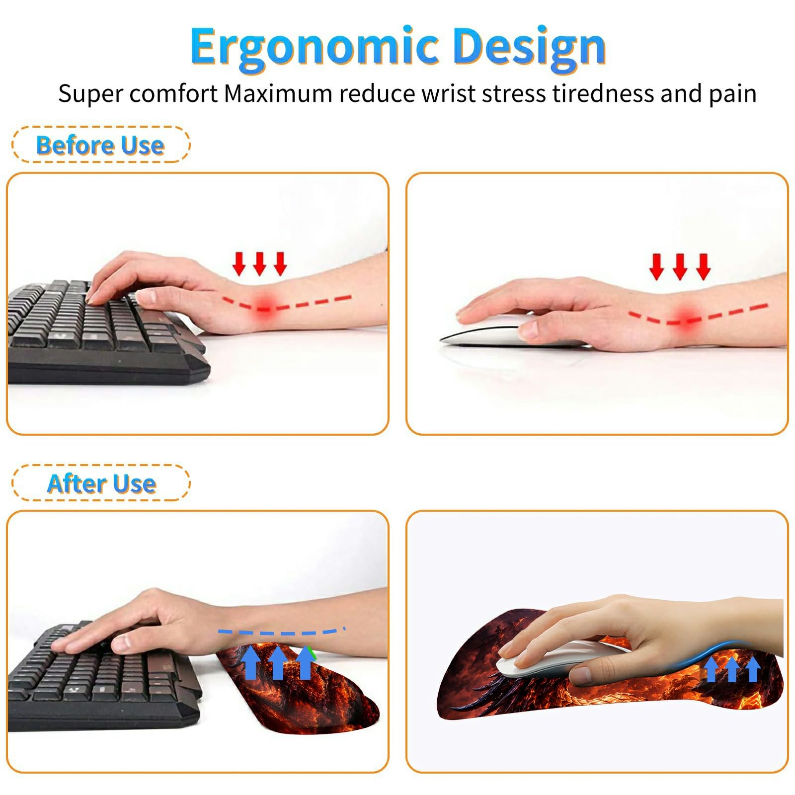 3-in-1 Ergonomic Memory Foam Keyboard Wrist Rest Pad Set, Fire Ice Dragon