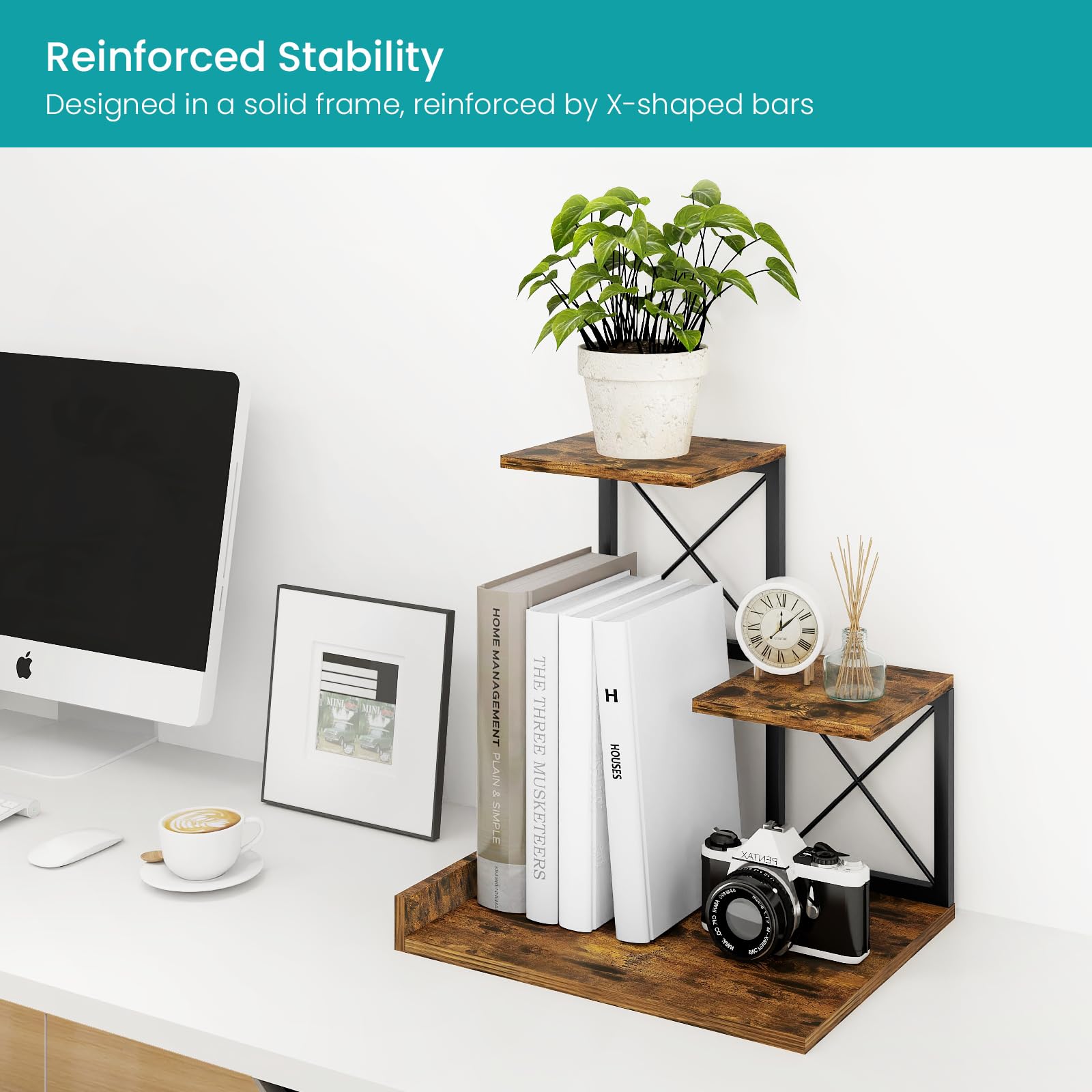 ELITEROO Desk Shelf Organizer, Wood Desktop Organizer Small Bookshelf, 3 Tier Storage Shelf Riser