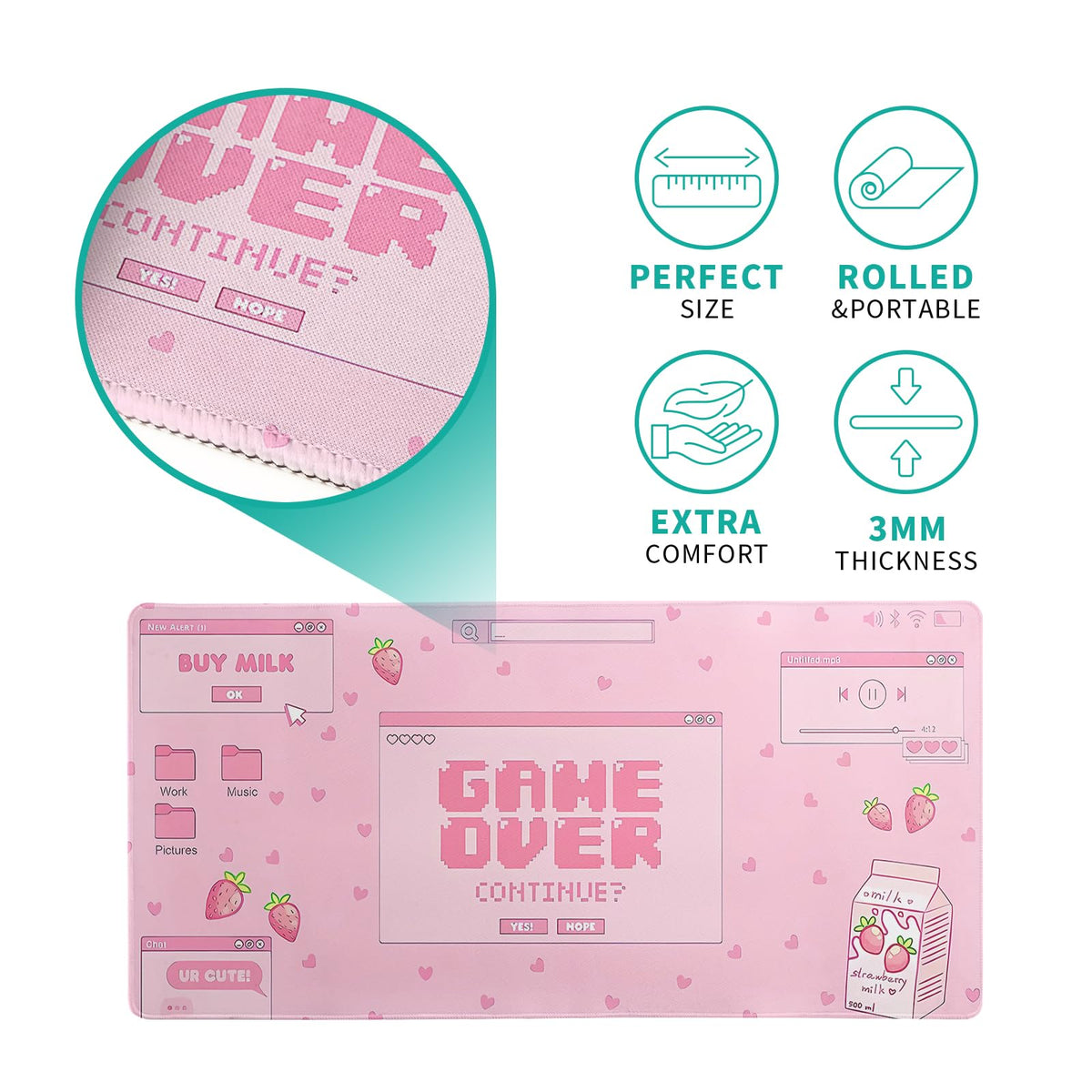 Pink Gaming Mouse Pad 27.6x11.8 Inch Pastel Game Over Large Mousepad Kawaii Office Decor for Women
