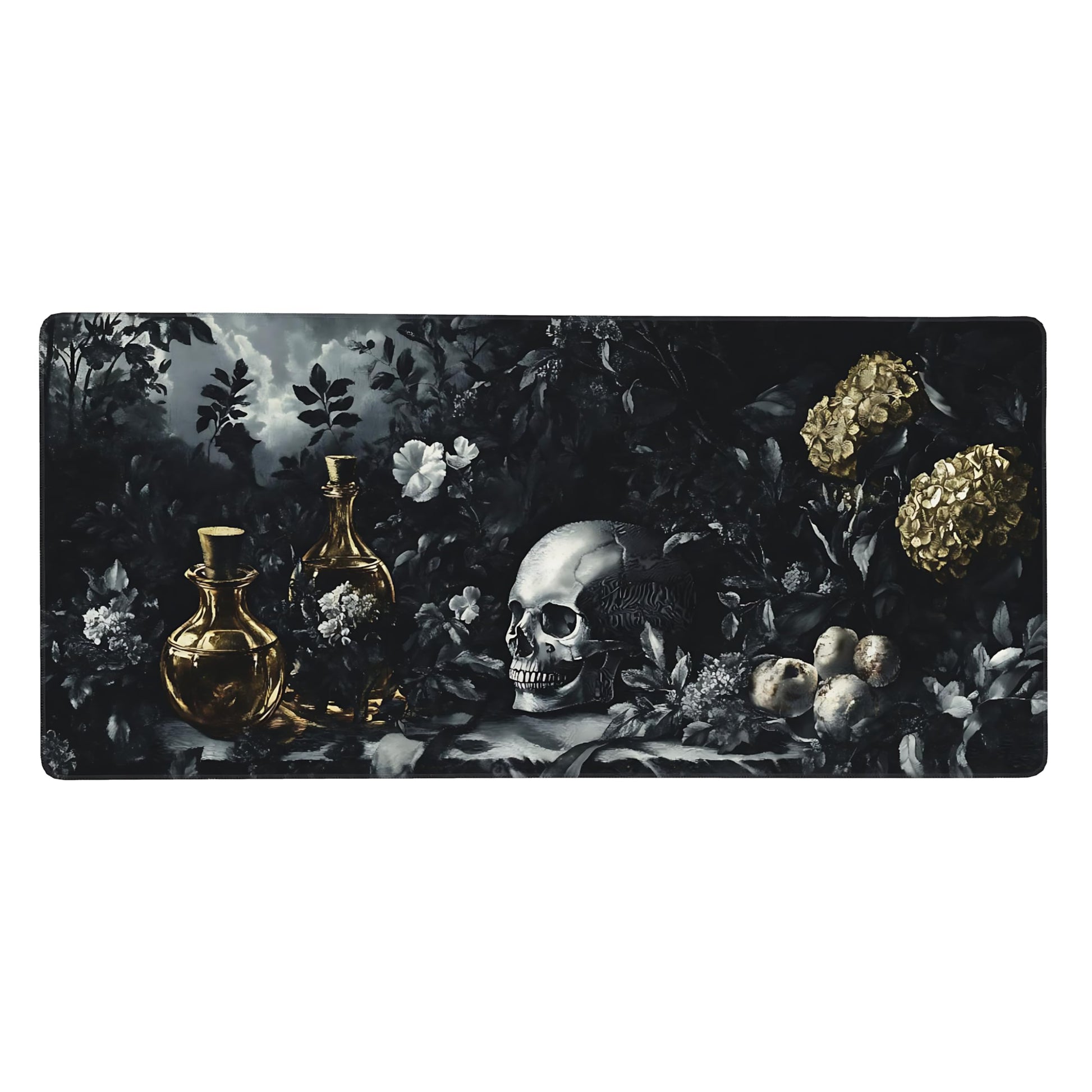 Aesthetic Skull Gaming Mouse Pad, Black Gold Dark Epic Desk Mat with Anti-Slip Base & Stitched