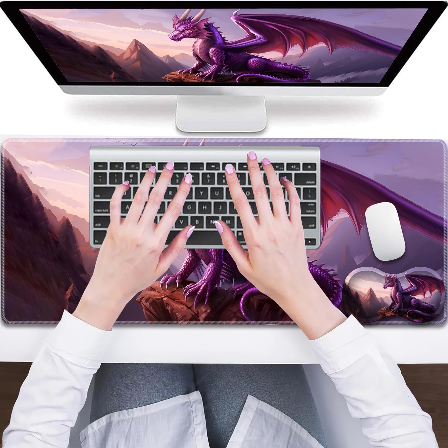 3-Piece Purple Dragon Mouse Pad Set, Including Wrist Support Pad and Cup Holder, with Waterproof