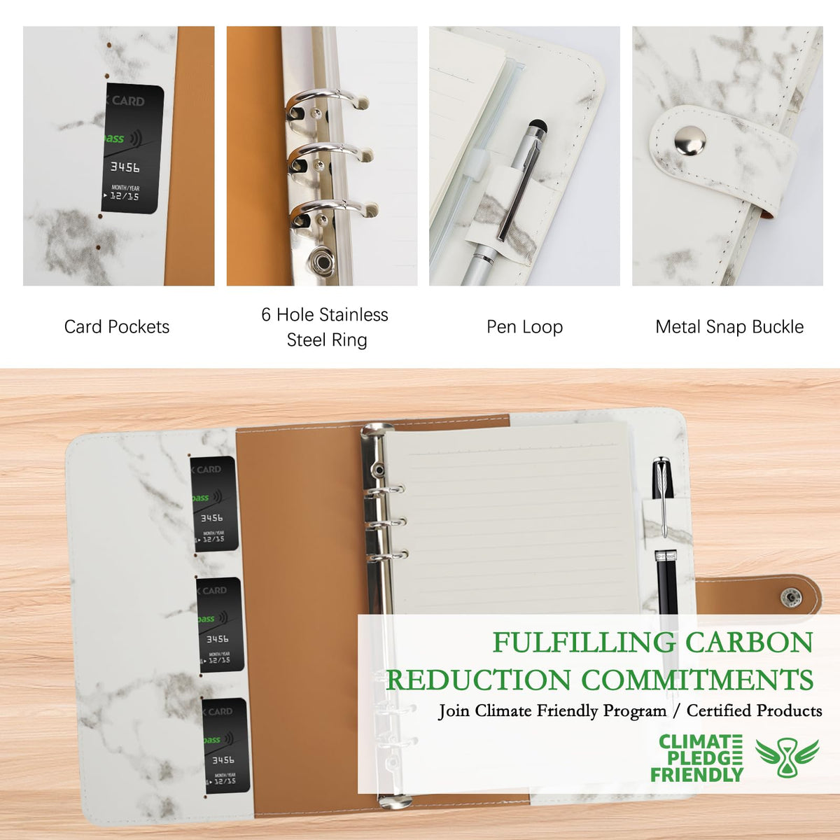 FYY A5 Binder Refillable Planner Notebook 6 Ring, Marble White