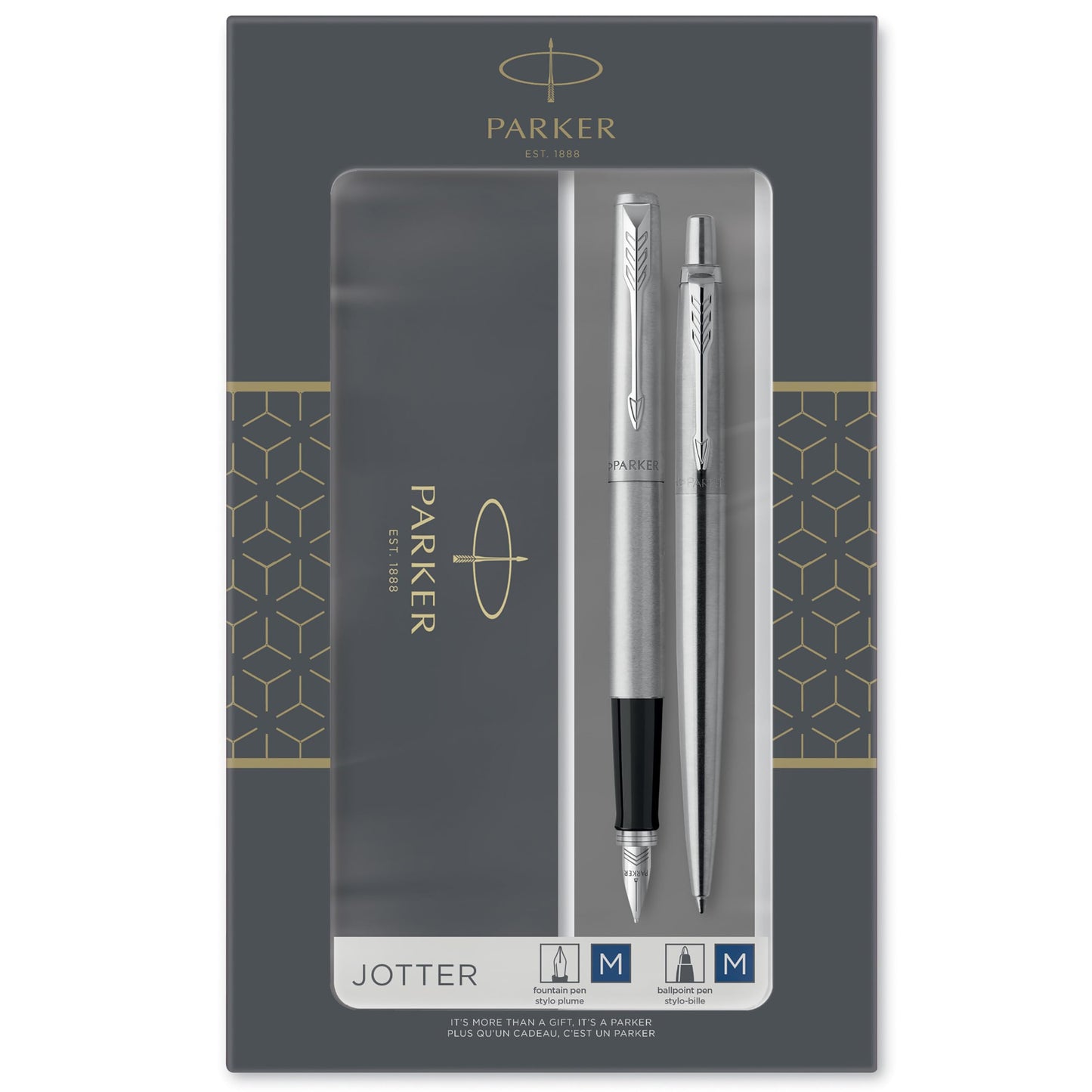 Parker Jotter Duo Gift Set with Ballpoint Pen & Fountain Pen, Stainless Steel with Chrome Trim