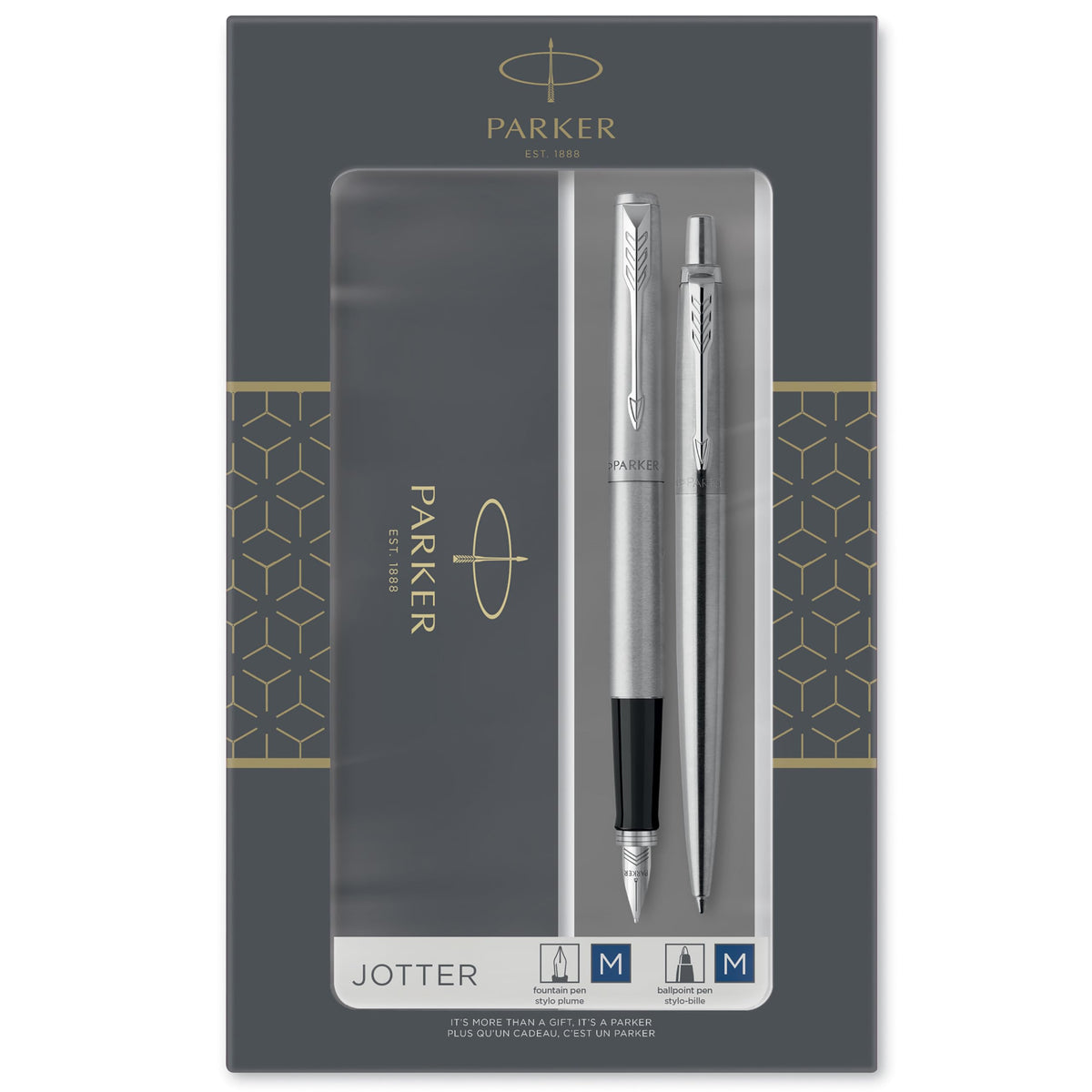 Parker Jotter Duo Gift Set with Ballpoint Pen & Fountain Pen, Stainless Steel with Chrome Trim
