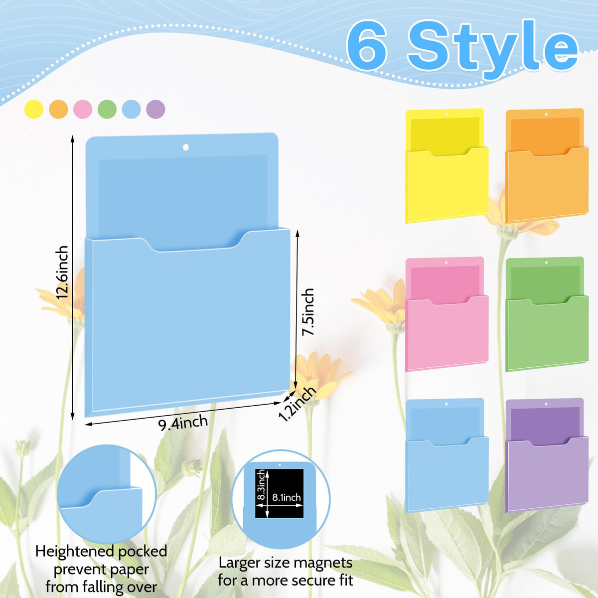 Fuutreo Magnetic Wall File Holder,6pcs,Macaron Color,Vertical-large