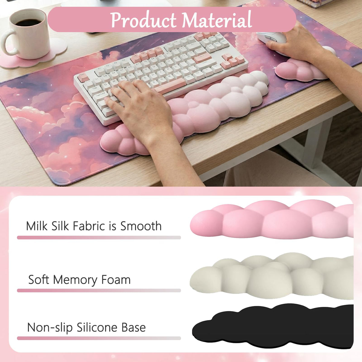 Pink Cloud Large Mouse Pad for Desk Cloud Keyboard Wrist Rest 4PCS Extended Cloud Desk Mat Pad Set