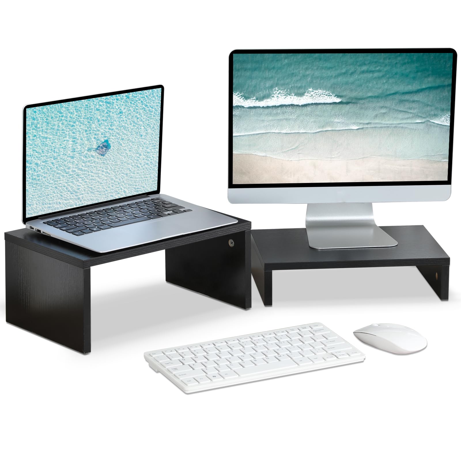 TEAMIX 2-Pack Monitor & Laptop Stand Riser,Wood High-Low Dual Monitor Setup