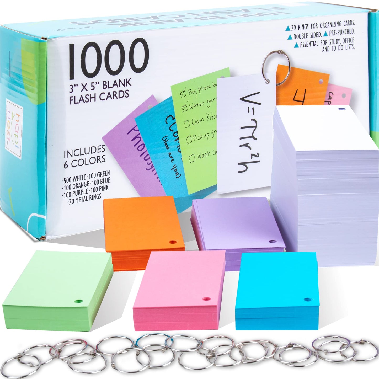 Hapinest 1000 Blank Flash Cards Colored Index Cards 3x5 w/20 Binder Rings, Unruled Unlined Index
