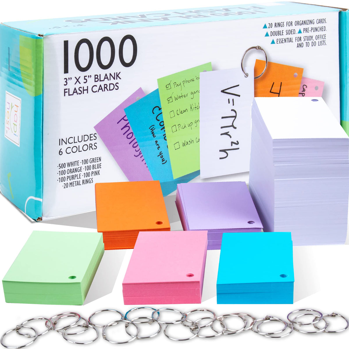 Hapinest 1000 Blank Flash Cards Colored Index Cards 3x5 w/20 Binder Rings, Unruled Unlined Index